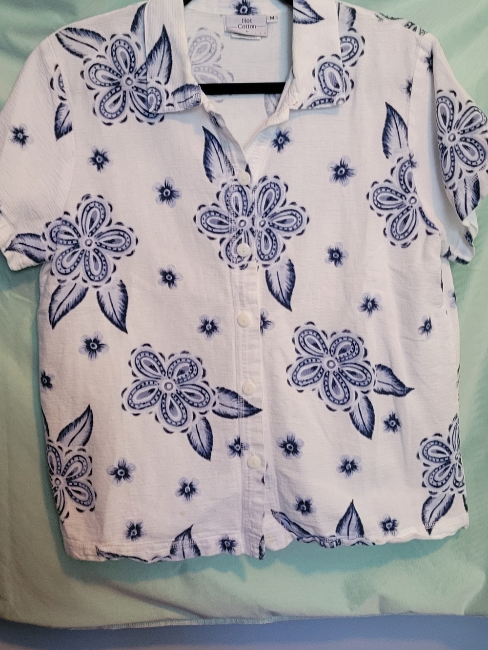 Hot Cotton White Button-Front Top with Navy Floral Print